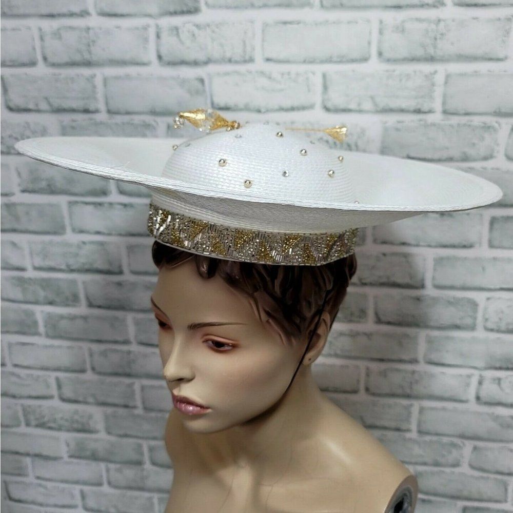 Vintage 80s 90s TIM CRAWFORD‎ White Straw Rhinestone Beaded Derby Cartwheel Hat